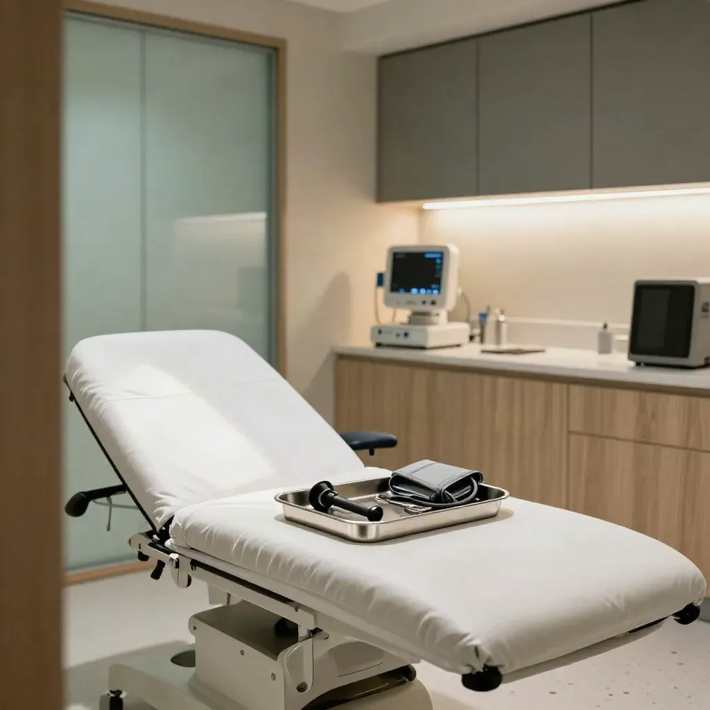 Consulta médica vacía y preparada, con camilla, bandeja de instrumental y unidad diagnóstica encendida.