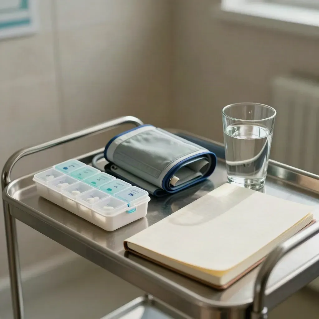 Bandeja clínica de seguimiento con pastillero, tensiómetro, libreta cerrada y vaso de agua.