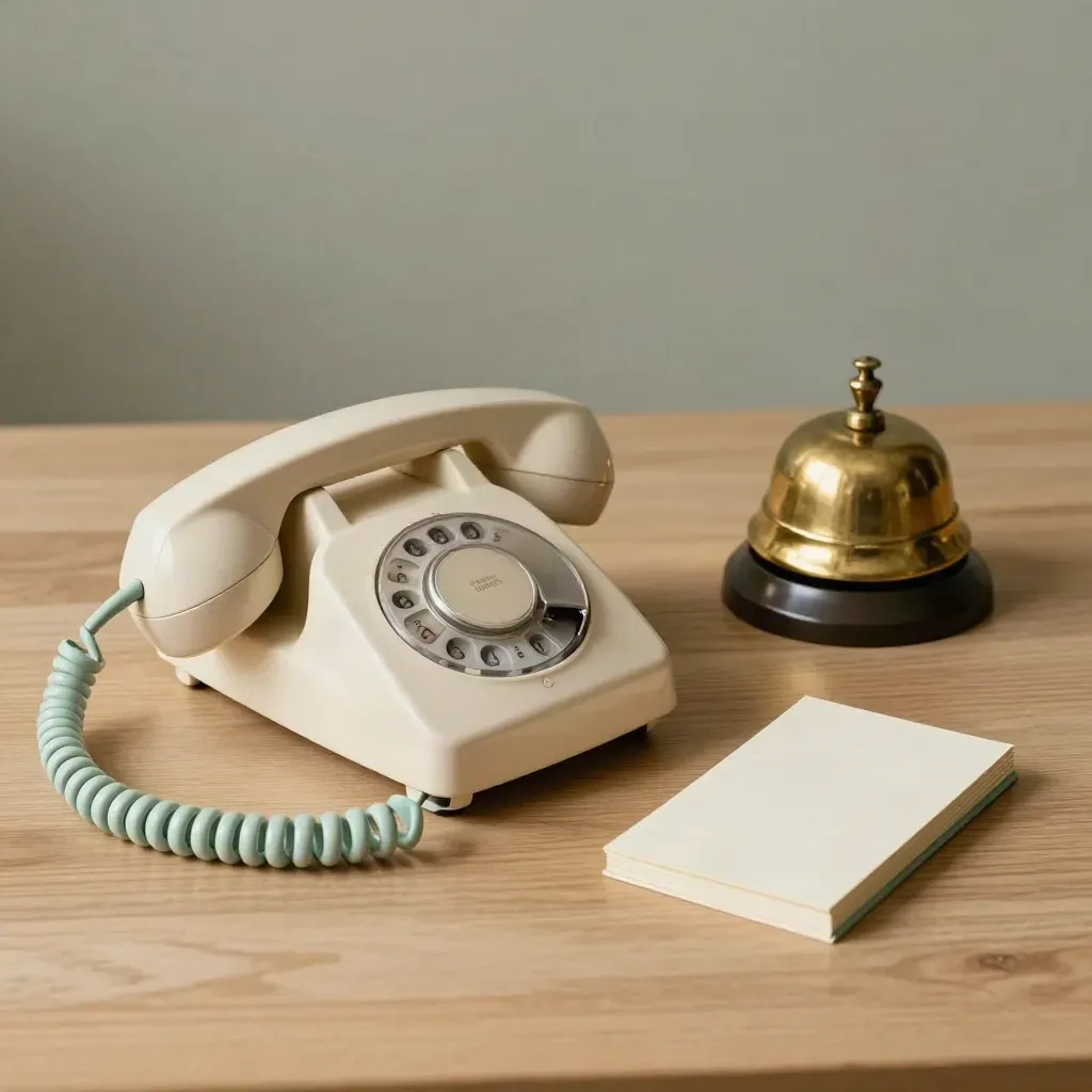 Teléfono de sobremesa crema, campana de latón y funda de cita sobre madera clara, luz suave.