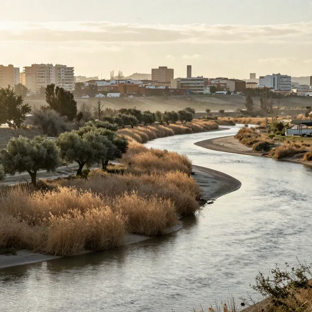 Vista del corredor del río en Madrid Sur, con bloques lejanos y bruma cálida al atardecer.